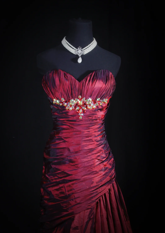 Retro Burgundy Strapless Satin Pleated Mermaid Long Party Dress Birthday Dress With Beads D2234