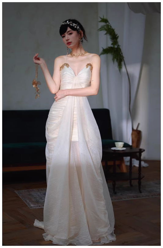 Charming Spaghetti Straps Light Apricot Chiffon Pleated Mermaid Long Evening Dress 18th Birthday Outfits D2451