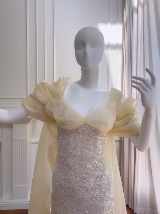 Elegant Pastel Yellow Sequin Mermaid Evening Dress,Spaghetti Straps Long Prom Dress With Bow D2941