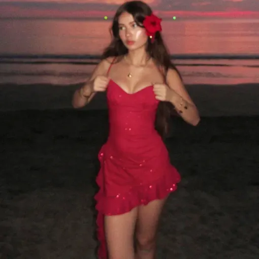 Shiny Red Spaghetti Straps Satin Sequin Ruffles Short Homecoming Dress Cocktail Dress D3241