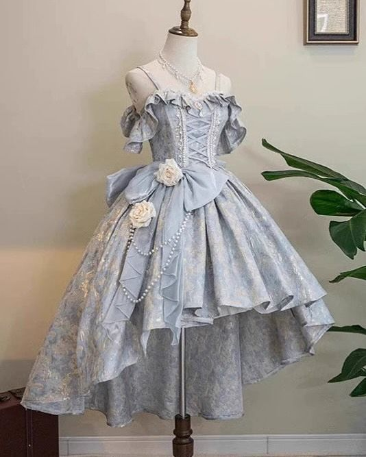 Fairy Blue Satin Print Floral A Line Homecoming Dress Cute Birthday Dress S446