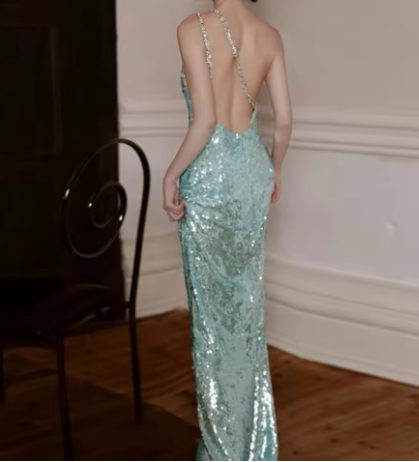 Charming One Shoulder Sequin Green Mermaid Prom Dress Backless Long Evening Dress D877