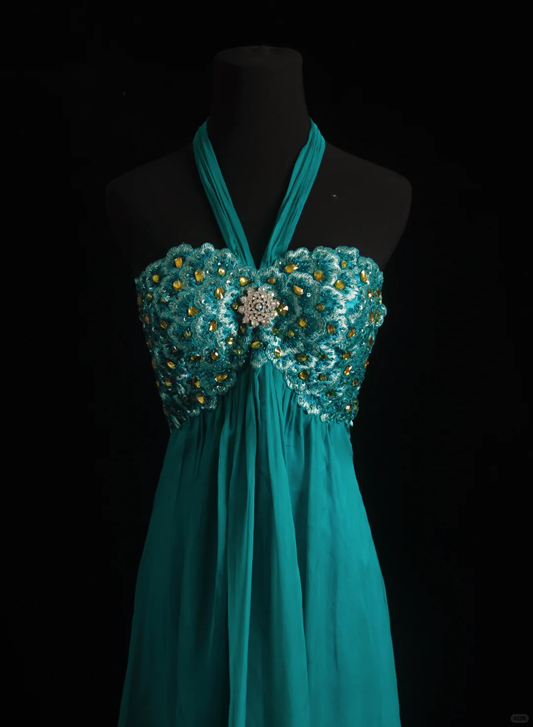 Elegant Peacock Green Halter Chiffon Embroidery Beaded Long Party Dress Evening Gown D2860