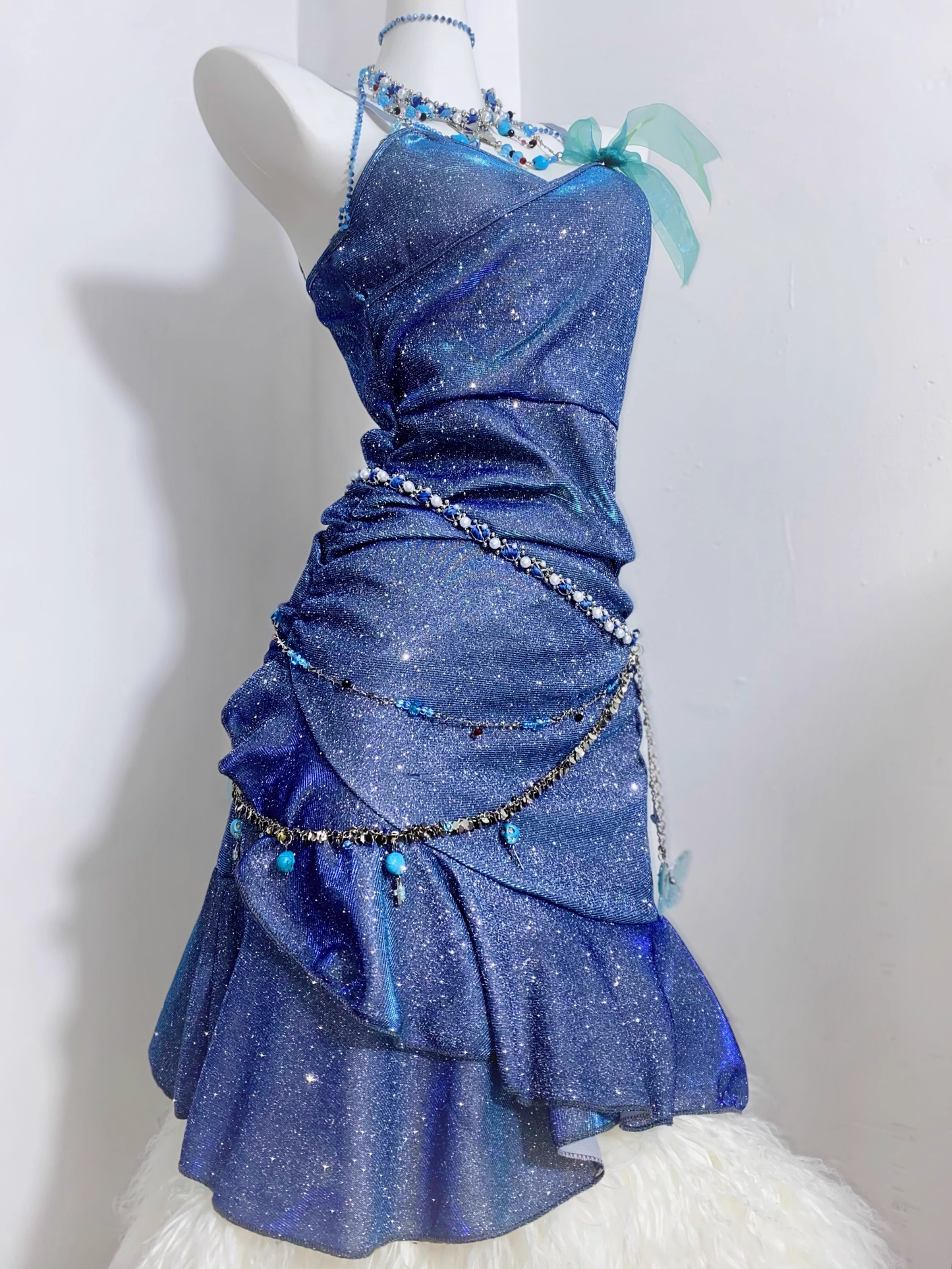 Glitter Spaghetti Straps Navy Blue Ruffles Short Homecoming Dress Birthday Outfits S607