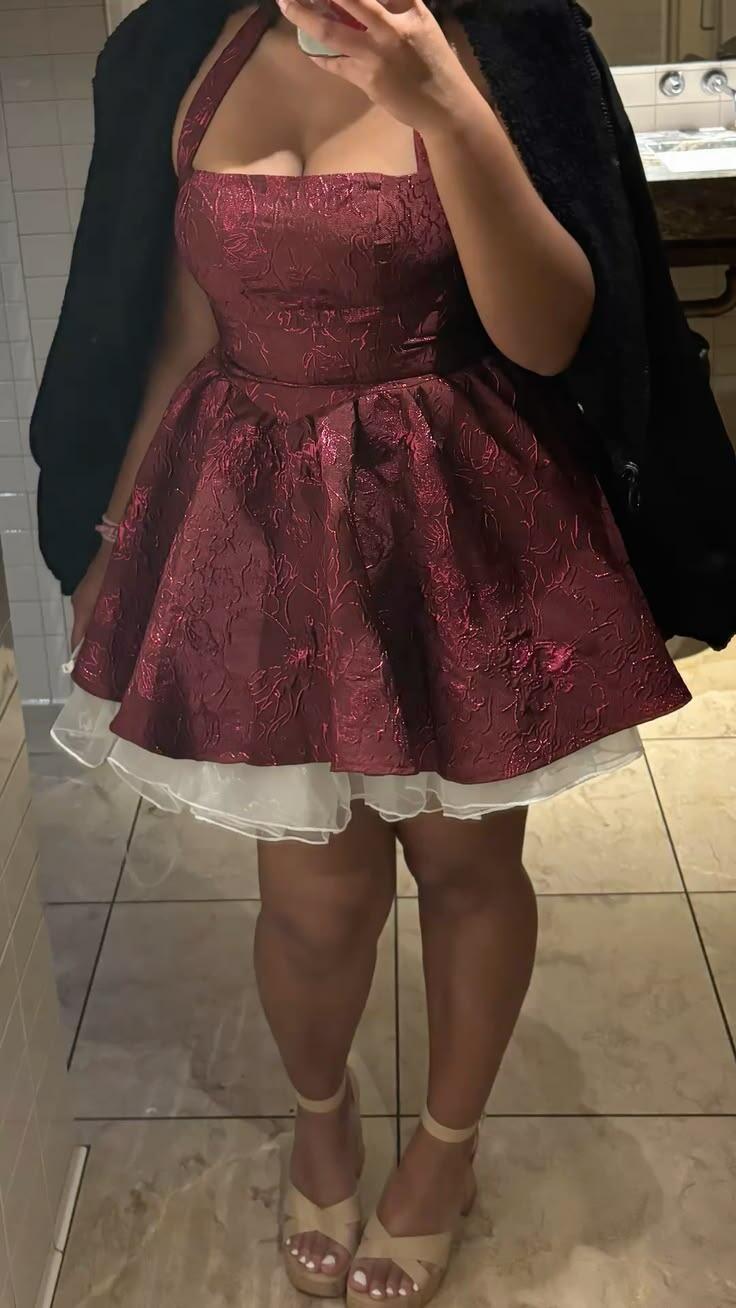 Chic Halter Burgundy Tulle Satin Print Floral Short Homecoming Dress 18th Birthday Outfits D4764