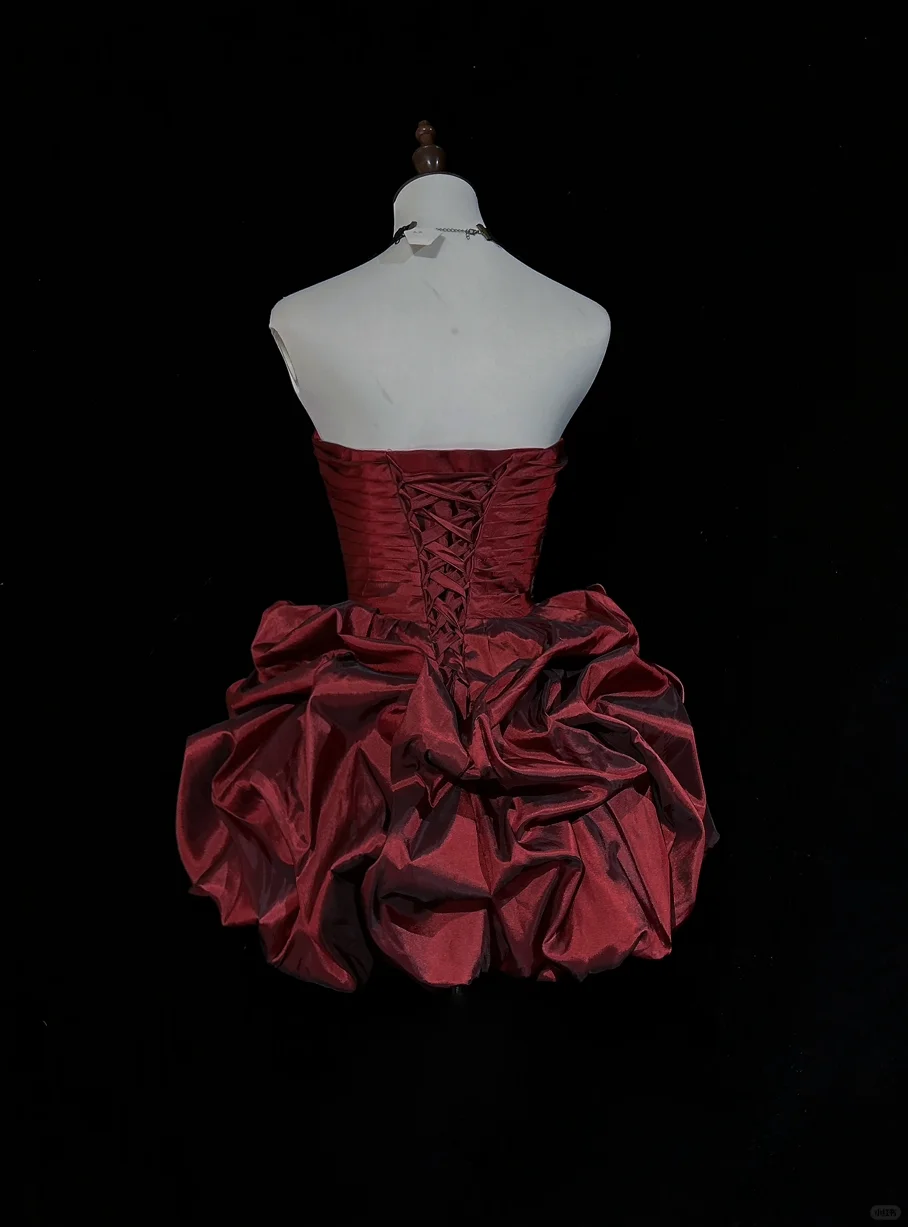 Vintage Burgundy Strapless Satin Pleated A Line Short Birthday Dress Homecoming Dress D3358
