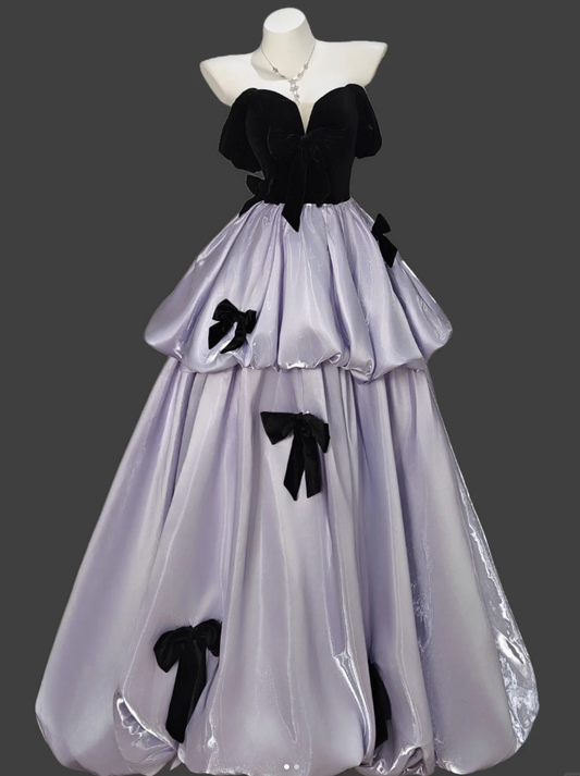 Charming Purple Ball Gown Off The Shoulder Satin Bow Long Birthday Party Dress Prom Gown D2348