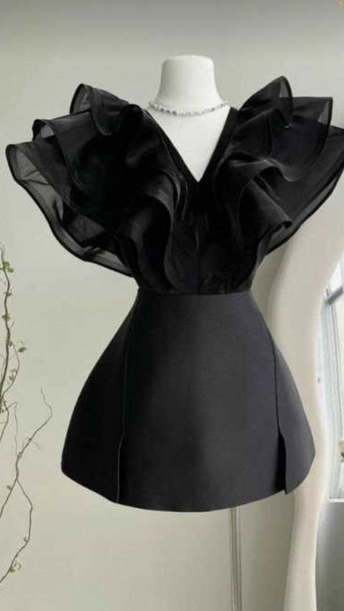 Chic V Neck Organza Satin Black A Line Short Homecoming Dress Birthday Outfits D458