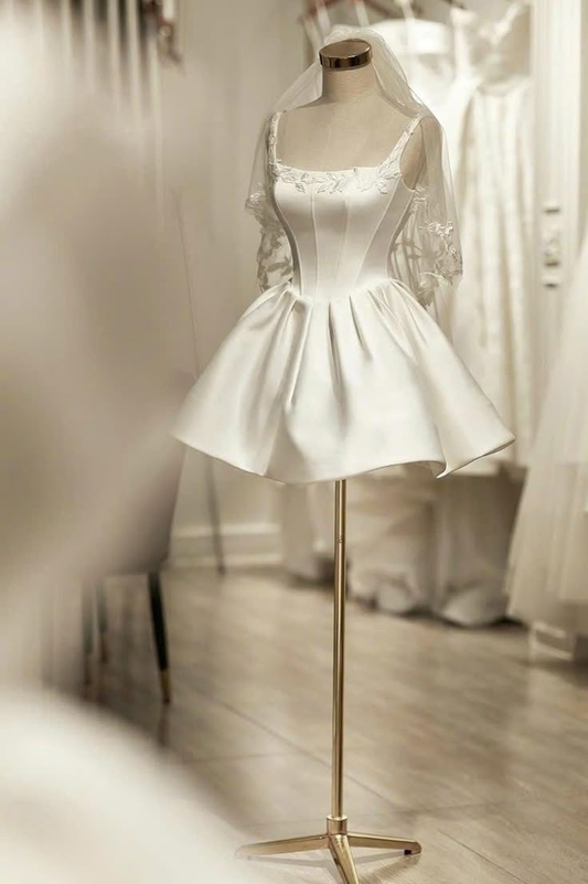 Classy Satin Appliques A Line Short White Homecoming Dress Formal Birthday Outfits D317