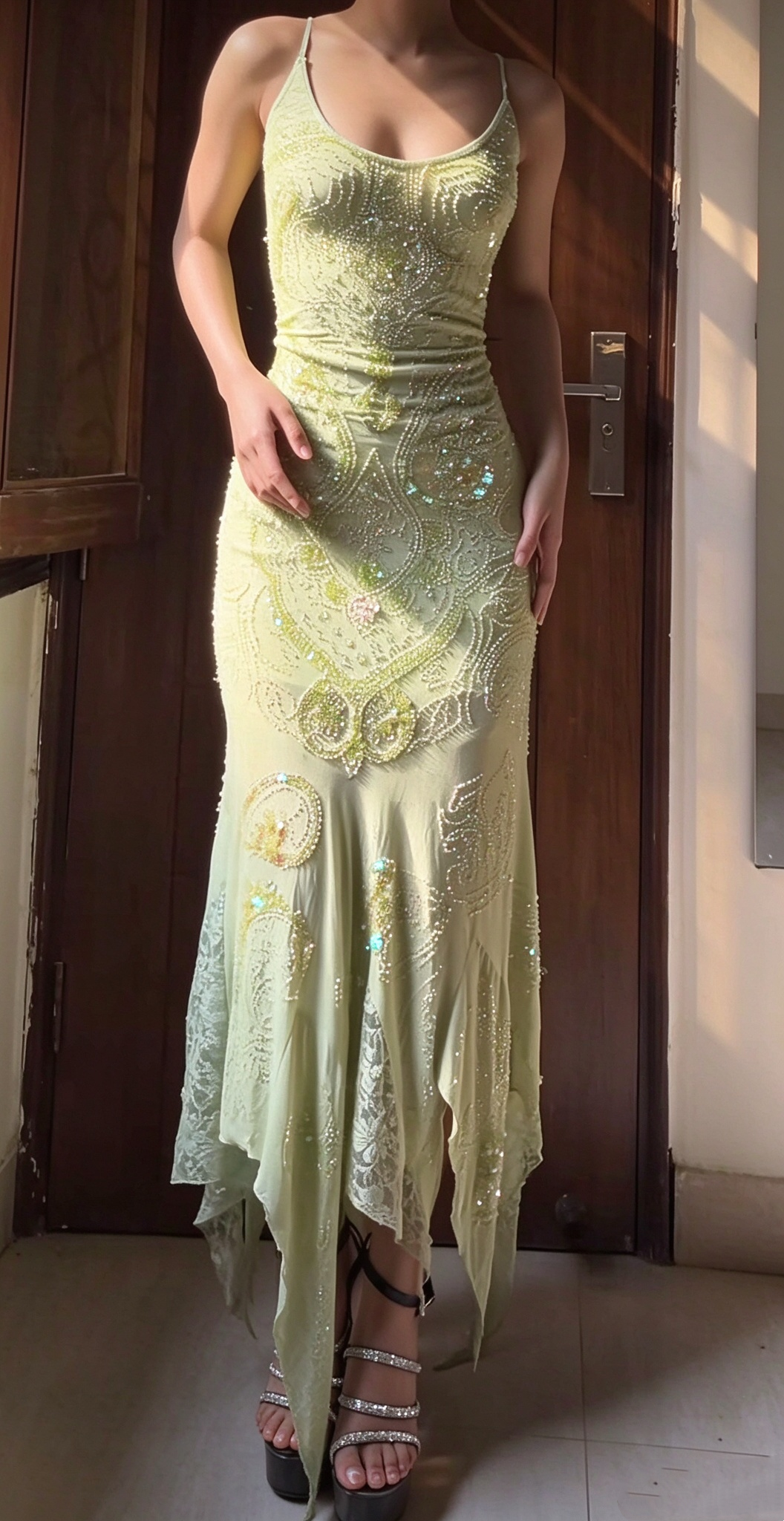 Charming Spaghetti Straps Chiffon Beaded Long Prom Dress Green Mermaid Party Dress D5106