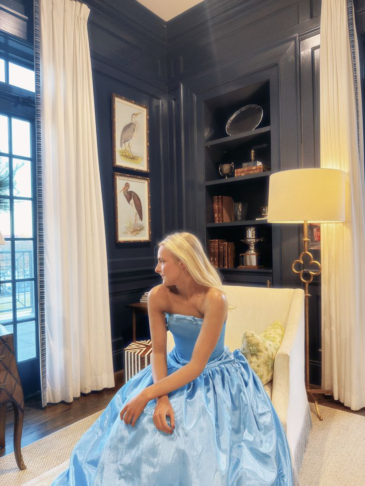 Cute Strapless Blue Bow Satin A Line Long Party Dress Prom Gown D5031