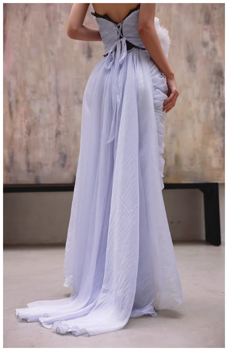 Classy Haze Blue Strapless Tulle Pleated Mermaid Long Party Dress Evening Gown D2460
