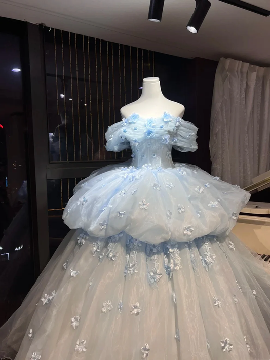Elegant Off The Shoulder Blue Tulle Layered Appliques Ball Gown Sweet 16 Dress Quinceanera Dress D1884