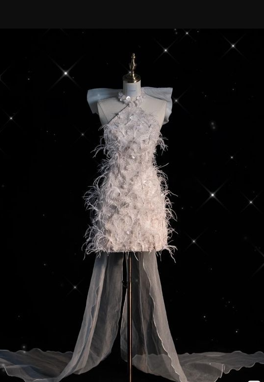 Classy Pink Halter Sequin Feathers Sheath 20th Birthday Outfits Short Party Dress S835