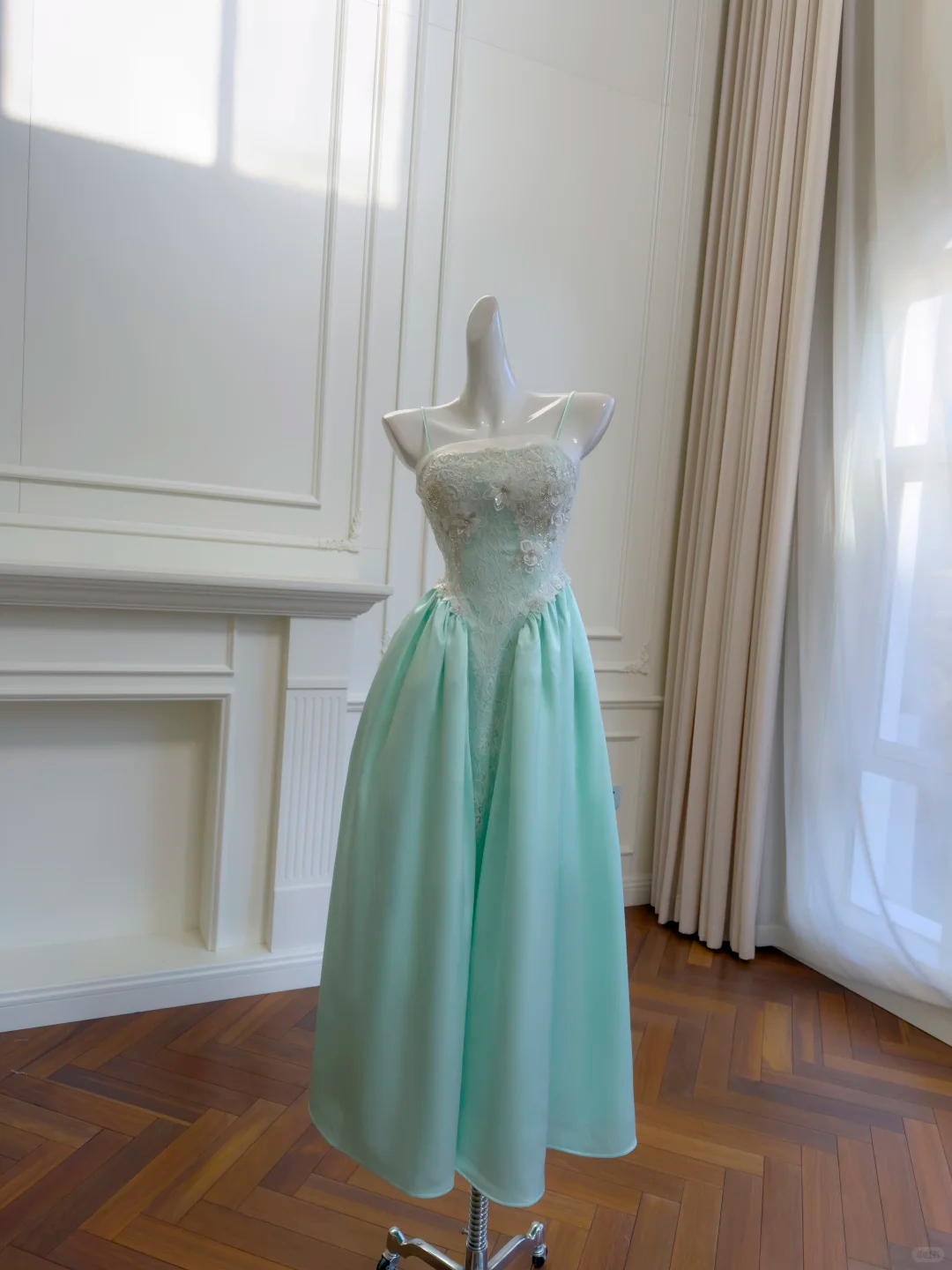 Charming Spaghetti Straps Satin Lace Appliques A Line Prom Dress,Mint Green Long Evening Dress D2991