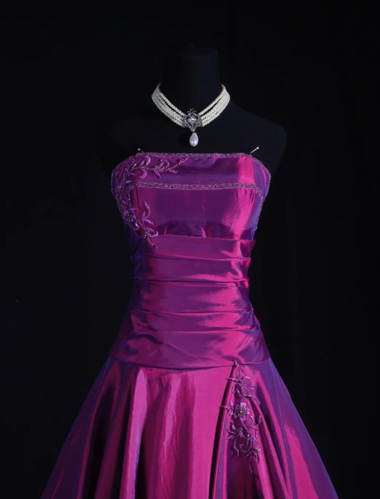 Glamorous Strapless Satin Ball Gown Purple Embroidery Beaded Long Birthday Party Dress Prom Gowns D2235