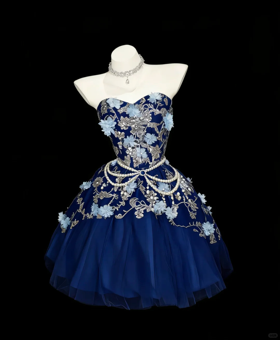 Vintage Deep Navy Blue Floral Beaded A Line Short 9th Grade Homecoming Dress,Strapless Mini Cocktail Dress D3150