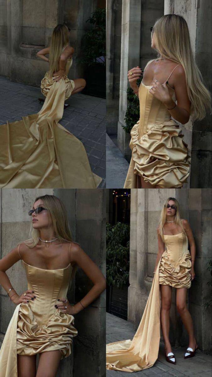 Stylish Spaghetti Straps Satin Pleated Short Birthday Dress Champagne Gold Sheath Short Homecoming Dress D4446