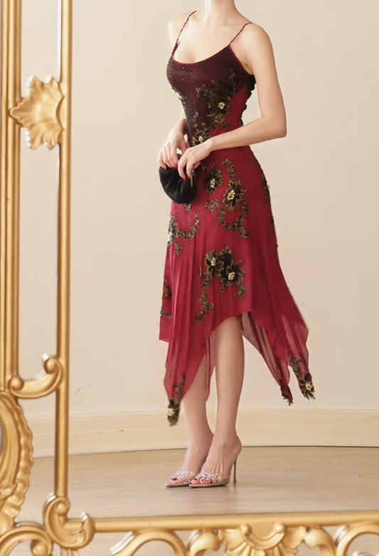 Unique Spaghetti Straps Chiffon Floral Beaded Long Party Dress Burgundy Mermaid Prom Gown D2746