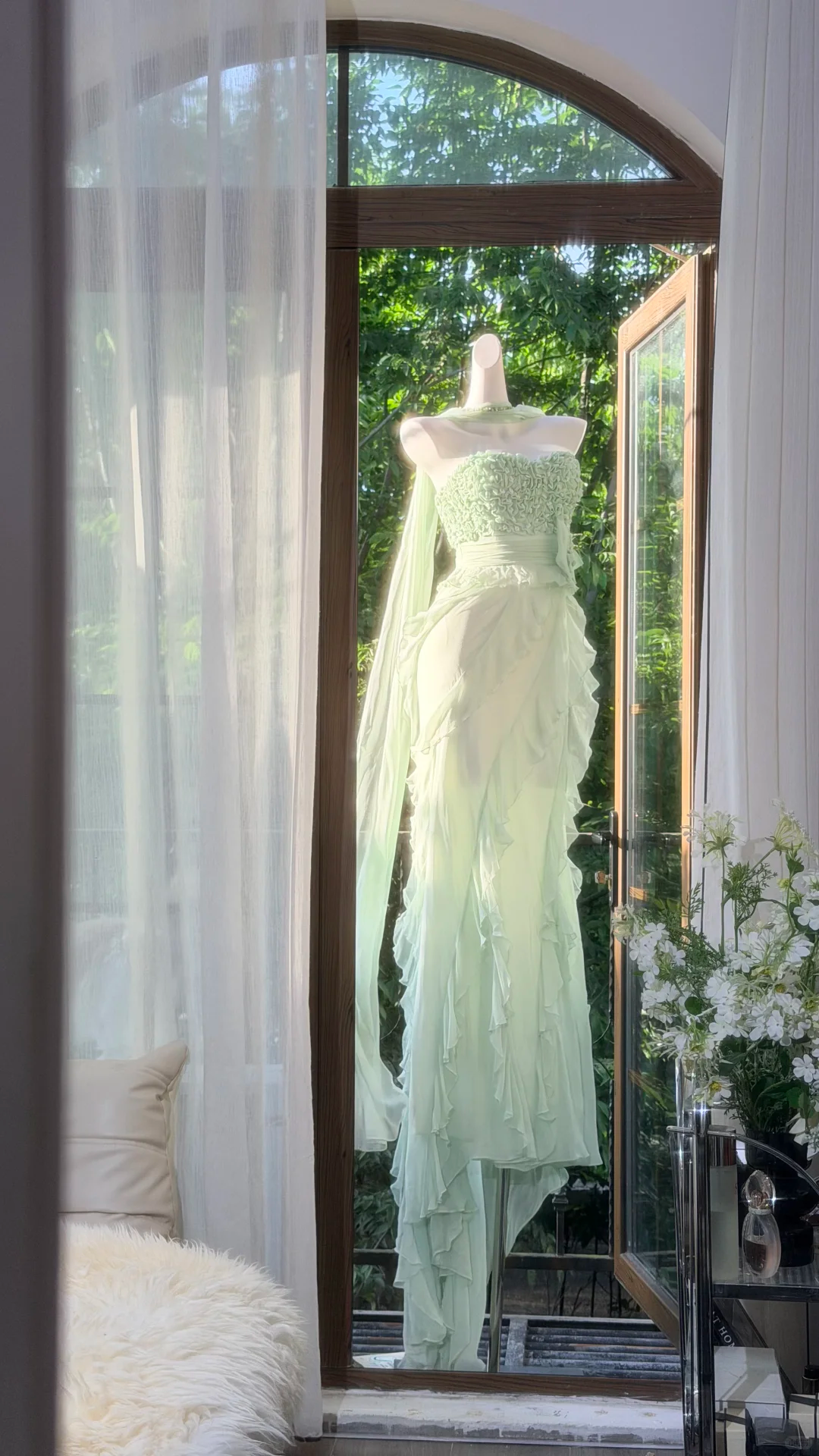 Vintage Mint Green Strapless Chiffon Ruffled Mermaid Long Party Dress Prom Gowns With Scarf D2522
