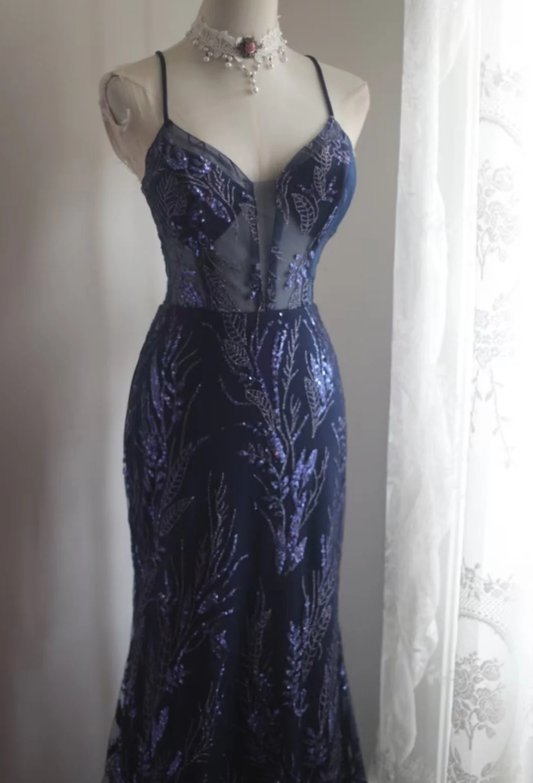 Luxurious Spaghetti Straps Tulle Sequin Mermaid Long Party Dress Navy Blue Evening Dress D2208