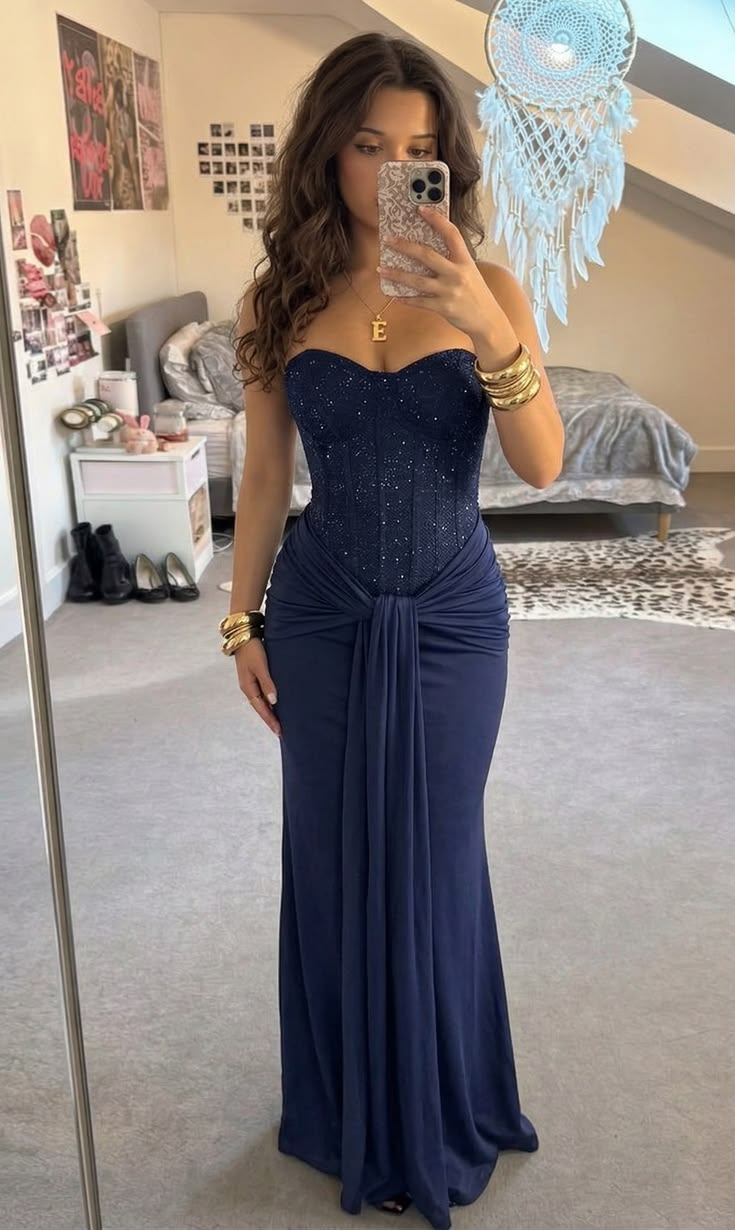 Fashion Sweetheart Neck Blue Satin Sequin Mermaid Long Party Dress Prom Dress D5402