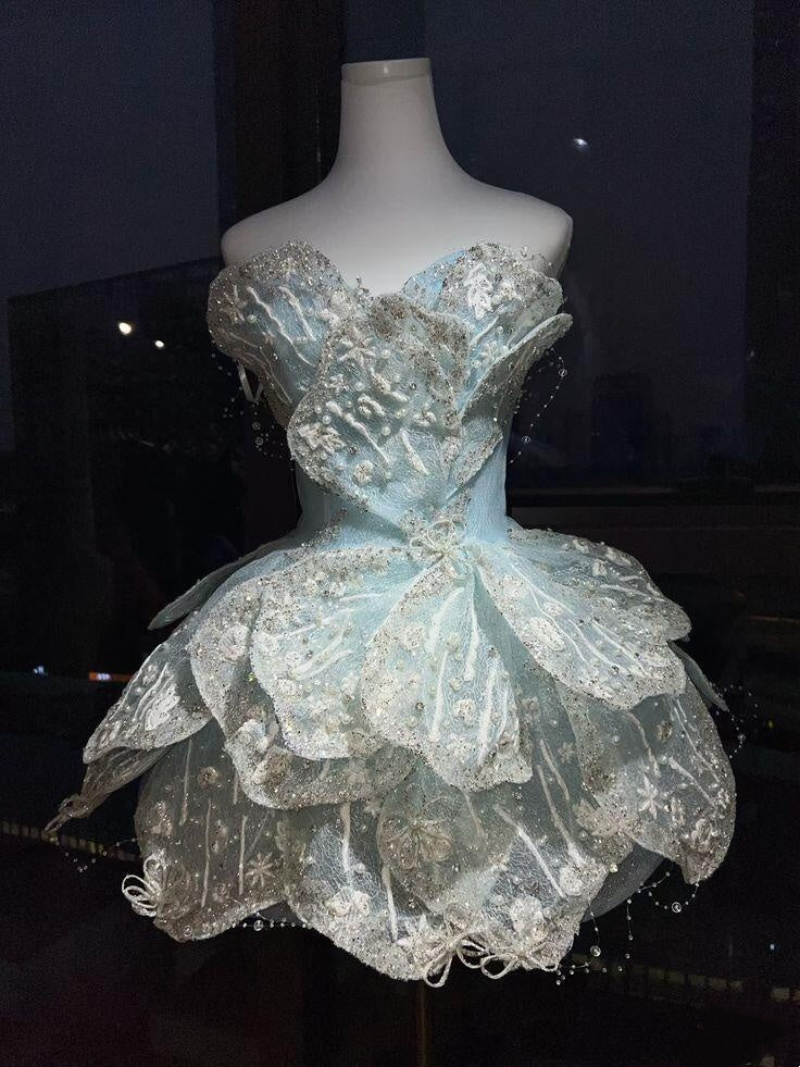 Fairy Strapless Blue Tulle Petals Beaded Short Homecoming Dress Birthday Outfits D4495