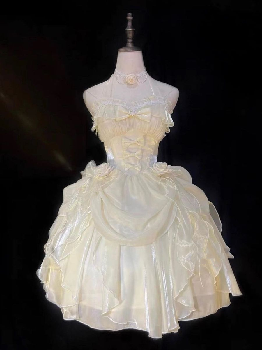 Sweet Yellow Halter Organza Short Prom Dress 15th Birthday Outfits S82 – SweetDress