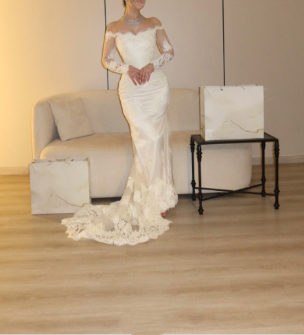 Elegant Off The Shoulder White Satin Lace Mermaid Long Wedding Dress D4980