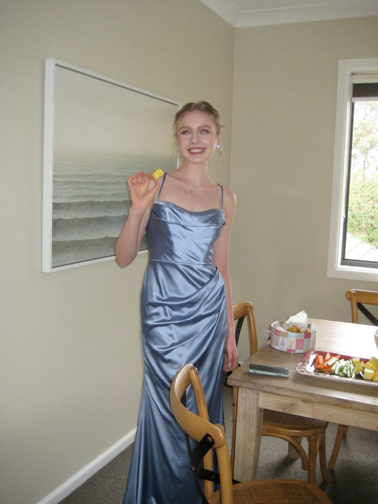 Simple Spaghetti Straps Blue Satin Pleated Mermaid Bridesmaid Dress Formal Wedding Guest Dress D905