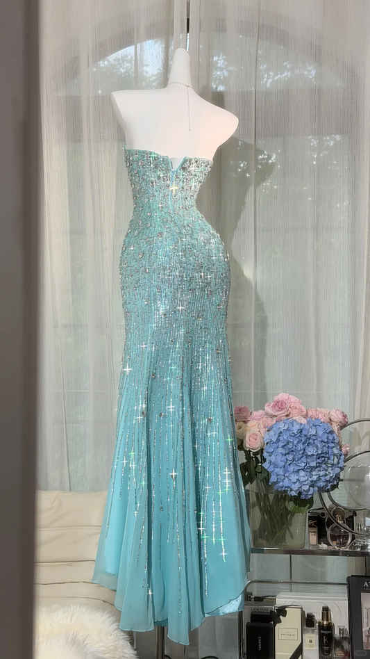 Glamorous Sweetheart Neck Blue Chiffon Sequin Beaded Mermaid Long Party Dress Evening Gown D2938
