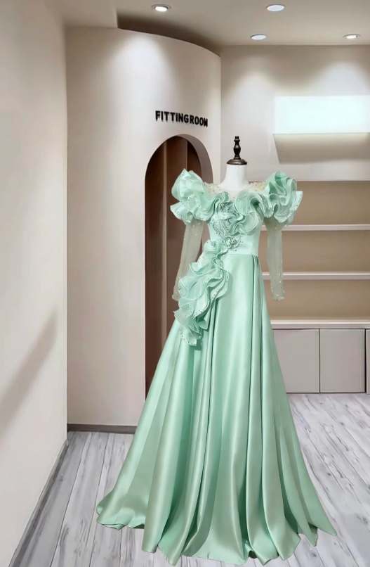 Pretty Light Green Beaded Satin Pleated Long Party Dress Formal Birthday Outfits D2384