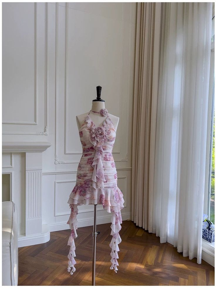 Pretty Sheath Halter Floral Chiffon Short Homecoming Dress Birthday Outfits S662