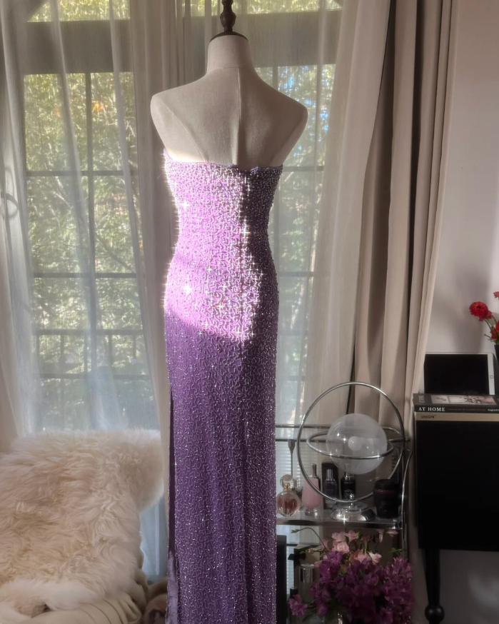 Glamorous Strapless Purple Chiffon Beaded Sheath Slit Prom Dress Long Party Gown D2297