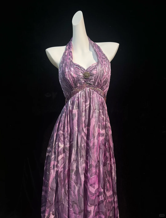 Unique Halter Purple Tulle Print Floral A Line Evening Dress Long Wedding Guest Dress D3123
