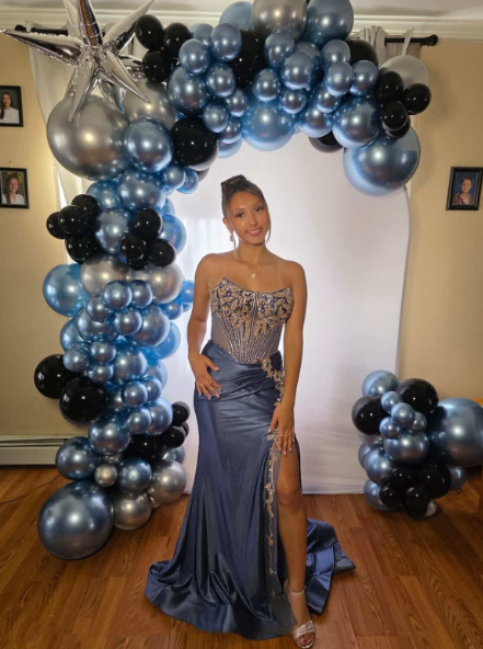 Elegant Strapless Satin Beaded Appliques Mermaid Party Dress,Blue High Slit Long Evening Gown D3000