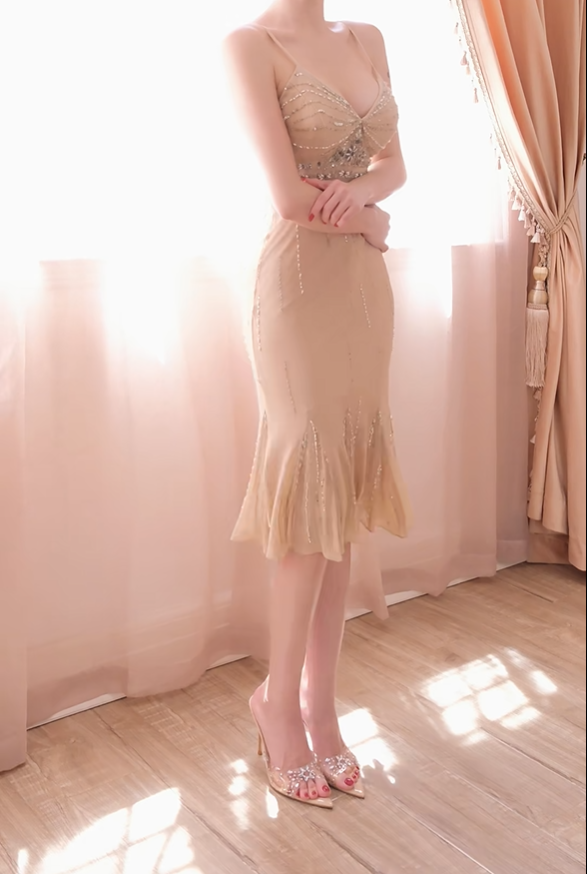 Vintage Spaghetti Strap Chiffon Beaded Mermaid Evening Dress Champagne Prom Gowns D2742