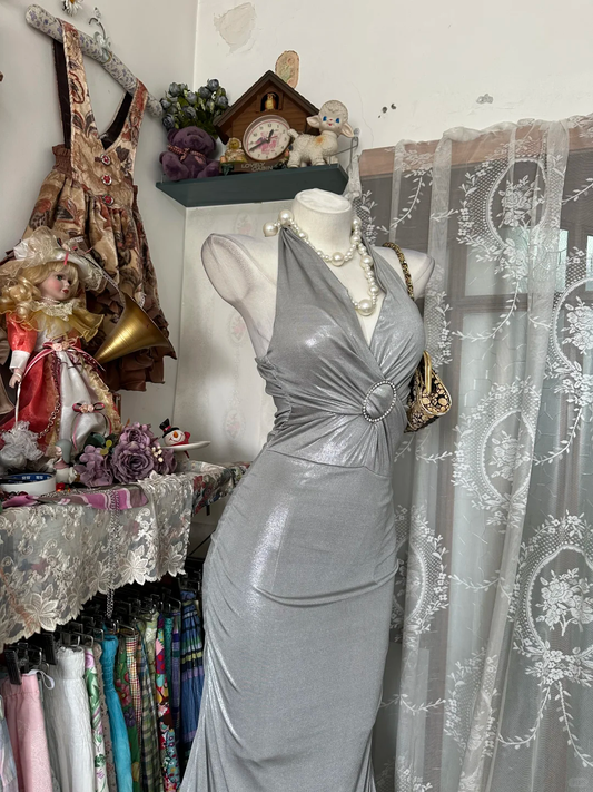 Sexy Silver Gray Halter V Neck Mermaid Long Evening Dress Party Gown D2883