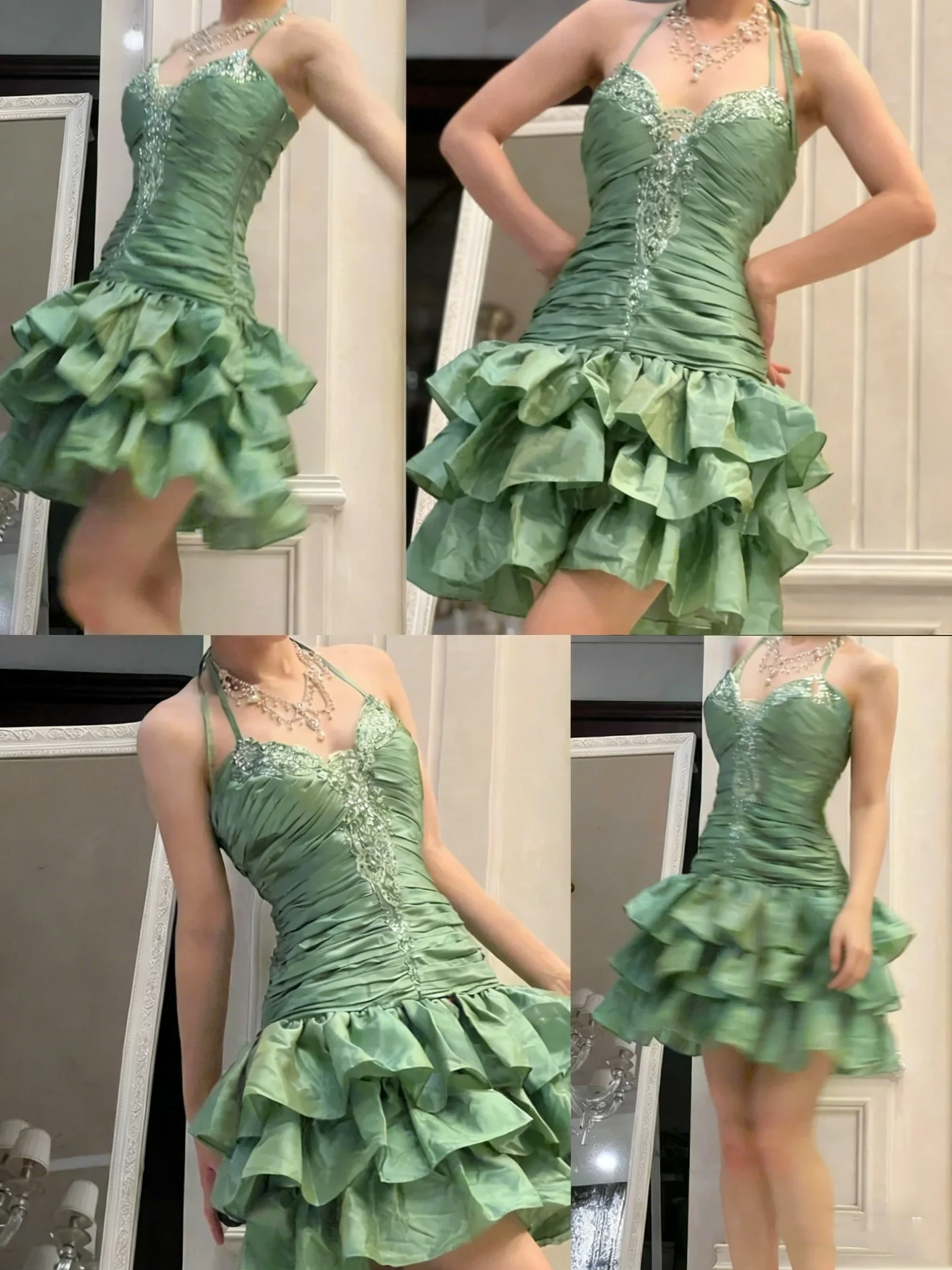 Vintage Halter Green Ruffle Layered Short Birthday Dress Homecoming Dresses D4260