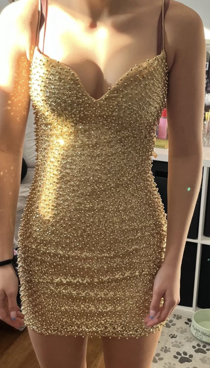Gorgeous Spaghetti Straps Sequin Beaded Sheath Short Birthday Dress,Gold Homecoming Dress D3031
