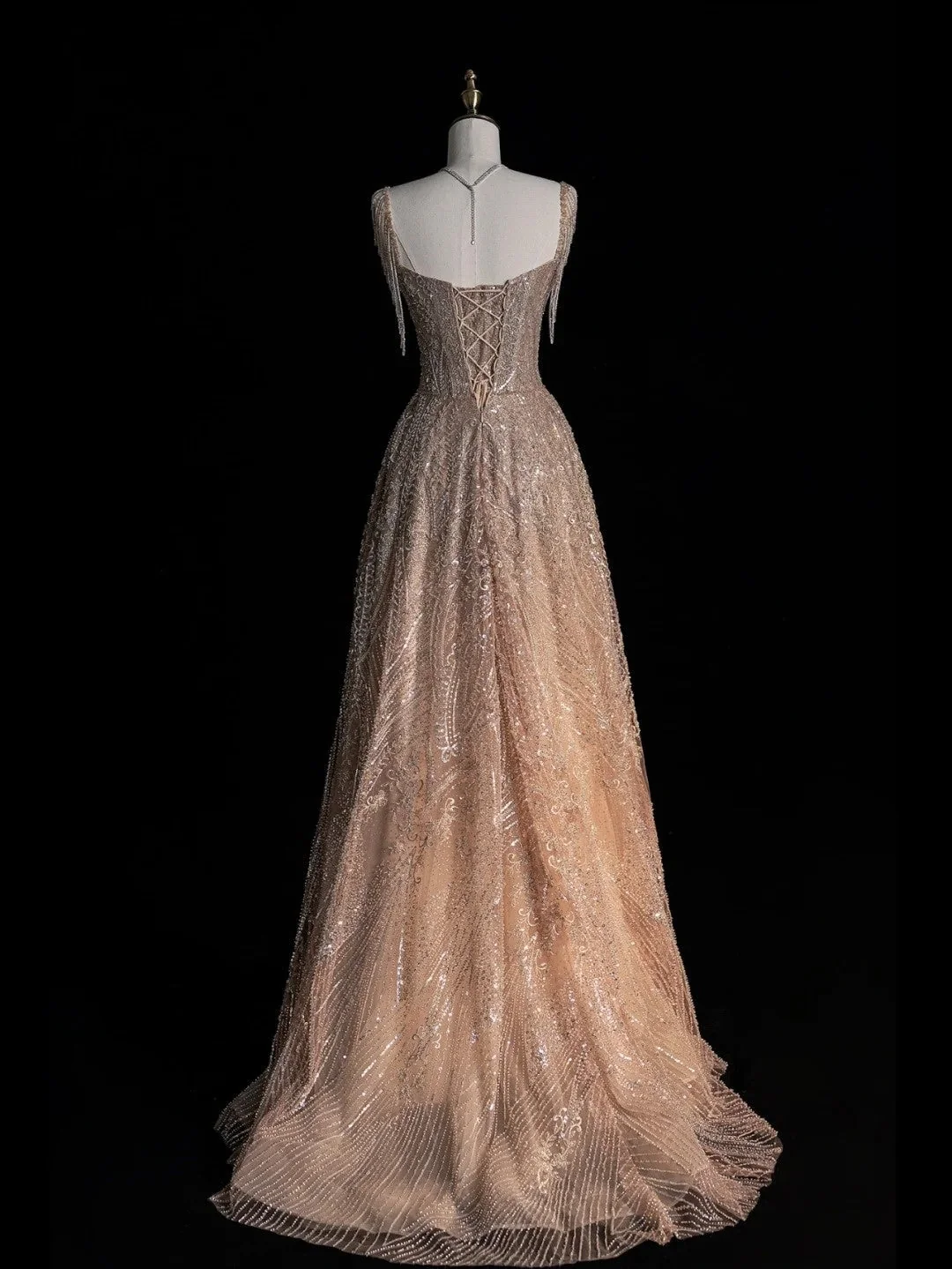 Beautiful Square Neck Champagne Tulle Sequins Beaded Long Party Dress Long Prom Dresses D4830