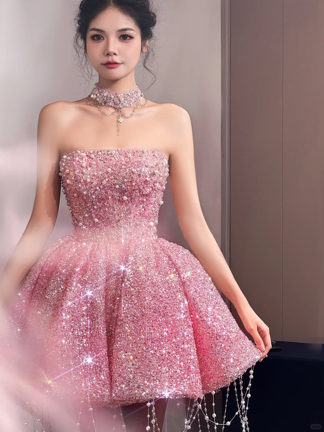 Gorgeous Pink Strapless Sequin Beaded A Line Short Homecoming Dress Birthday Dress With Tassel D3065