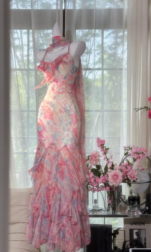Elegant Spaghetti Straps Pink Chiffon Print Floral Beaded Mermaid Party Dress Prom Gown With Ribbon D1556