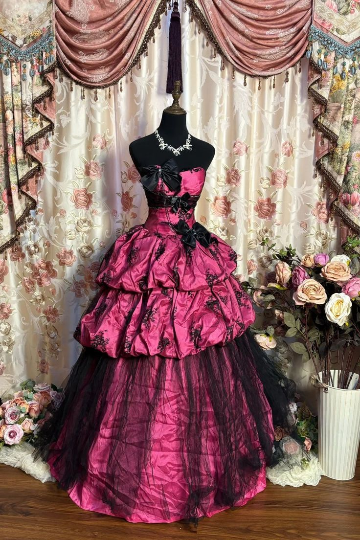 Vintage Strapless Pink Lace Satin Layered Ball Gown Long Party Dress With Bow D1409