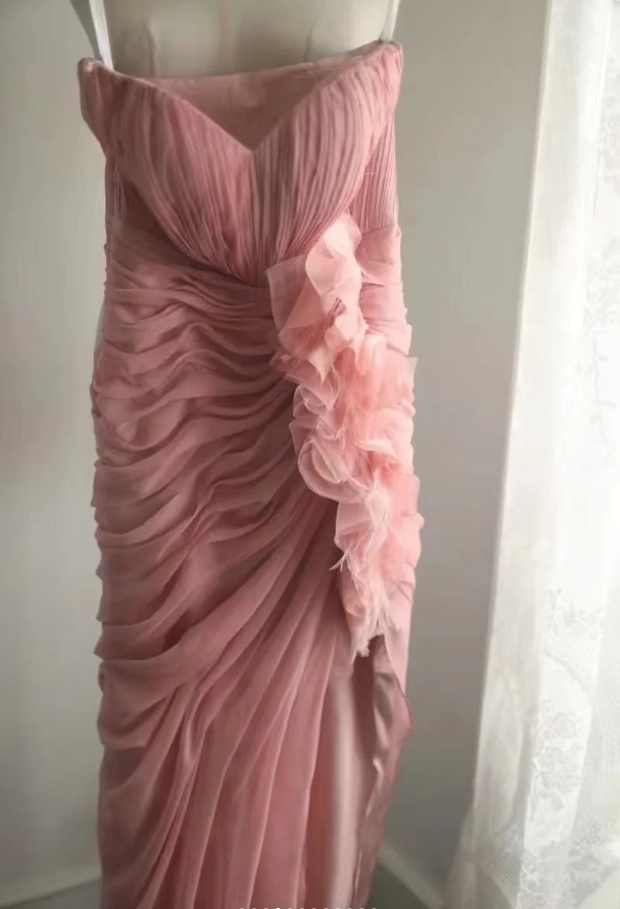Pretty Pink Strapless Chiffon Pleated Slit Long Party Dress Evening Dress D1270