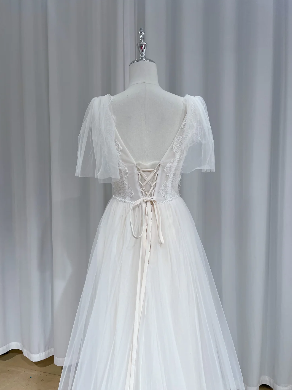 Pretty White V Neck Tulle Lace Long Wedding Dress Formal Bridal Dress D2466
