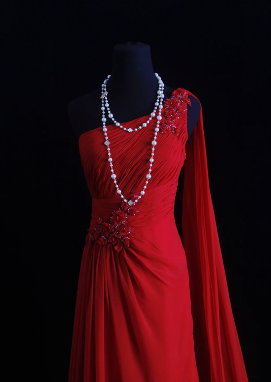 Classy Red One Chiffon Pleated Beaded Mermaid Long Evening Dress Formal Wedding Guest Dress D2212