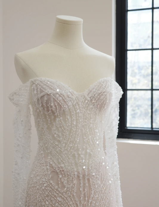 Shiny White Off The Shoulder Sequin Beaded Mermaid Long Party Dress Birthday Prom Dresses D2167