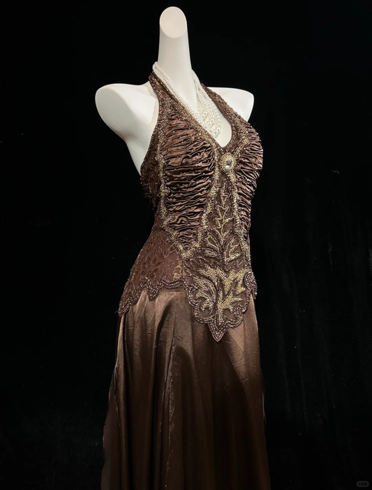 Retro Halter V Neck Brown Satin Beaded A Line Slit Long Party Dress Birthday Dress D2844