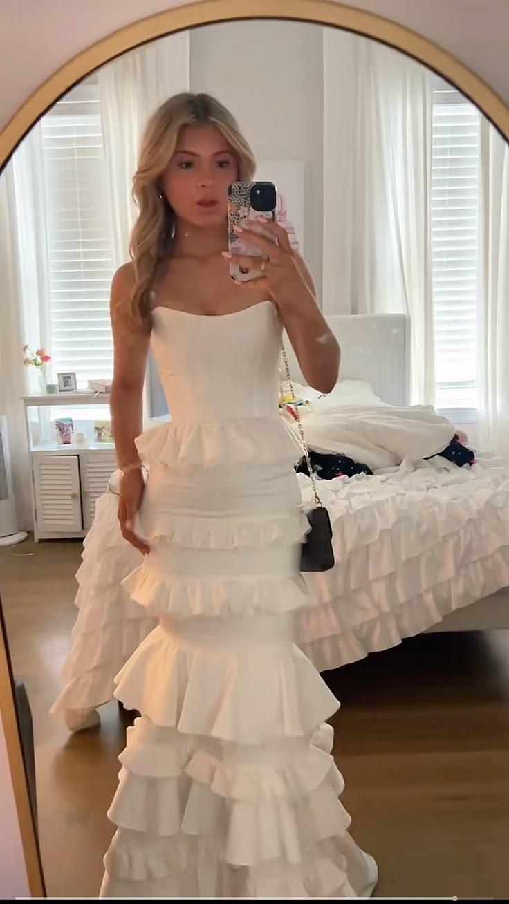 Elegant Strapless White Satin Ruffle Mermaid Long Evening Dress Birthday Prom Dresses D4756